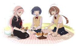  3girls 72_dpi_00 :d absurdres aged_down alternate_costume aru_(sinsekai) asu_(sinsekai) bema_(sinsekai) black_jacket black_sailor_collar black_serafuku black_skirt blue_hair blue_skirt blunt_bangs bow bowtie brown_hair closed_eyes clothes_around_waist collared_shirt commentary_request curtained_hair gradient_hair green_eyes hairband highres jacket jacket_around_waist kamitsubaki_studio long_hair long_skirt long_sleeves low_ponytail multicolored_hair multiple_girls neckerchief parted_bangs petals picnic picnic_basket picnic_blanket pink_hair pleated_skirt ponytail red_bow red_bowtie red_neckerchief sailor_collar school_uniform serafuku shirt shirt_overhang short_hair short_sleeves sidelocks sinsekai_record sitting skirt smile streaked_hair sweater_vest v-neck wariza white_hair white_shirt 