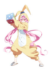  +_+ 1girl absurdres animal_costume arms_up blue_archive blush chinese_commentary commentary_request dice feishi full_body hair_between_eyes highres holding holding_dice hood hood_up hooded_pajamas koyuki_(blue_archive) koyuki_(pajamas)_(blue_archive) long_hair long_sleeves looking_at_viewer missing_halo official_alternate_costume onesie pajamas pink_eyes pink_hair rabbit_costume rabbit_pajamas simple_background slippers smile solo standing twintails very_long_hair white_background yellow_pajamas 