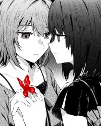  2girls amakura_mayu amakura_mio bob_cut brown_eyes bug butterfly butterfly_on_hand camisole camisole_over_clothes face-to-face fatal_frame fatal_frame_ii:_crimson_butterfly grey_background greyscale hair_between_eyes hand_up highres interlocked_fingers isumi looking_at_another monochrome multiple_girls parted_lips profile red_butterfly shirt short_hair short_sleeves siblings sisters spaghetti_strap spot_color twins two-tone_background upper_body white_background 