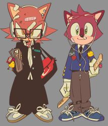  2boys absurdres alternate_costume animal_ears animal_nose avatar_(sonic_forces) bag bandages bandaid bandaid_on_cheek bandaid_on_face bandaid_on_forehead bandaid_on_head bandaid_on_nose barry_the_quokka bespectacled black-framed_eyewear black_jacket black_necktie black_pants blood blue_jacket blush bokken brown_pants bruise buttons charm_(object) closed_mouth coat collared_jacket collared_shirt commentary ear_piercing earphones earphones eyewear_on_head food fruit full_body furry furry_male gadget_the_wolf gakuran glasses gloves green_eyes grey_background grey_pants hand_in_pocket headphones hedgehog highres holding holding_sword holding_weapon injury jacket kosherea long_sleeves looking_at_viewer male_focus mouth_hold multiple_boys necktie open_clothes pants piercing pocket red-framed_eyewear red_bag red_fur school_bag school_uniform semi-rimless_eyewear shirt shoes shoulder_bag simple_background smile sneakers sonic_(series) sonic_forces standing sunglasses sword the_murder_of_sonic_the_hedgehog untranslatable_commentary weapon white_gloves white_shirt wooden_sword yellow_eyes 