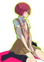  1girl arms_between_legs black_socks blush camera closed_mouth collared_shirt commentary_request danganronpa_(series) danganronpa_2:_goodbye_despair eyelashes green_eyes green_outline green_skirt kneehighs koizumi_mahiru necktie no_shoes outline plaid_clothes plaid_necktie red_hair red_necktie shinshishinc shirt short_hair short_sleeves simple_background sitting skirt socks solo suspenders very_short_hair white_background white_shirt 