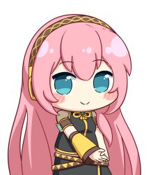  1girl arm_warmers black_dress blue_eyes blush_stickers chibi chibi_only closed_mouth commentary_request double-parted_bangs dress hair_between_eyes headphones highres long_hair looking_at_viewer megurine_luka nukotun pink_hair short_sleeves simple_background single_arm_warmer smile solo upper_body very_long_hair vocaloid white_background 
