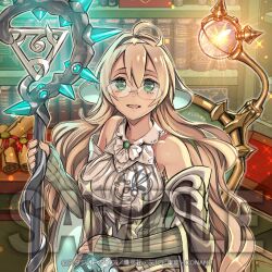  1girl ahoge anonymous_(yu-gi-oh!) bare_shoulders blonde_hair book bookshelf breasts curvy detached_sleeves duel_monster garter_straps gem genni_(yu-gi-oh!) glasses glowing green_eyes large_breasts light_bulb long_hair looking_at_viewer mage_staff official_art open_mouth quill sample_watermark scroll sitting sleeves_past_wrists solo staff table thighs watermark witchcrafter_genni yu-gi-oh! 
