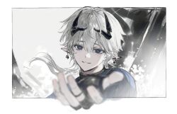  1boy ardashir_(arknights) arknights arknights:_endfield black_gloves black_horns blue_eyes border commentary double-parted_bangs ear_covers earrings english_commentary fingerless_gloves floating_hair gloves hair_between_eyes highres horns jewelry long_hair long_pointy_ears looking_at_viewer male_focus parted_lips piercing pointy_ears ponytail reaching reaching_towards_viewer single_ear_cover sketch smile solo to20xxx triangle_mouth white_border white_hair 