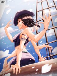  1girl black_hair blue_sky blunt_ends commentary cowboy_hat extra_arms falling_petals hat highres instagram_username little-leandro-show looking_at_viewer looking_back nico_robin one_piece petals purple_hat purple_skirt shroud_(sailing) sitting skirt sky smile solo 