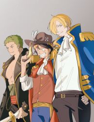  3boys black_coat black_hair blonde_hair blue_coat coat commentary curly_eyebrows denjz english_commentary facial_hair goatee green_hair gun hair_over_one_eye highres holding holding_gun holding_weapon male_focus monkey_d._luffy multiple_boys mustache_stubble one_piece red_coat roronoa_zoro sanji_(one_piece) smile stubble weapon 