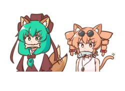  2girls :3 animal_ear_fluff animal_ears bone_in_mouth bow cat_ears cat_tail dog_ears dog_tail drill_hair fish fish_in_mouth front_ponytail green_eyes hair_bow kagiyama_hina mizusoba mouth_hold multiple_girls orange_eyes round_eyewear simple_background sunglasses tail tail_wagging touhou twin_drills upper_body v-shaped_eyebrows white_background yorigami_jo'on 