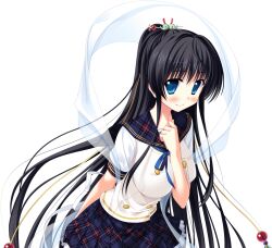  1girl back_bow black_hair blue_bow blue_bowtie blue_eyes bow bowtie buttons collarbone double-breasted frilled_skirt frills game_asset hagoromo highres long_hair long_sleeves magatama magical_marriage_lunatics!! mitsu_no_tama_yori_hime neck_ribbon non-web_source official_art plaid_clothes plaid_sailor_collar plaid_skirt ponytail ribbon ribbon-trimmed_thighhighs ribbon_trim sailor_collar school_uniform serafuku shawl shirt simple_background skirt tachi-e thigh-highs transparent_background two-tone_shirt very_long_hair white_shirt yamakaze_ran 