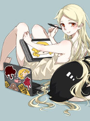  1girl araragi_koyomi bakemonogatari bare_shoulders blonde_hair commentary computer doughnut drawing_tablet dress food gonza_(gonzares910) kiss-shot_acerola-orion_heart-under-blade kizumonogatari laptop leaning_back long_hair looking_at_viewer monogatari_(series) oshino_shinobu pointy_ears red_eyes simple_background stuffed_toy stylus vampire very_long_hair white_dress 