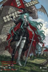  1girl absurdres armored_boots black_gloves black_hat black_pants black_shirt blue_hair blue_sky boots closed_mouth clouds crossed_bangs day double-parted_bangs dragon full_body gauntlets gloves grass hair_between_eyes hat high_heel_boots high_heels highres holding holding_sword holding_weapon huang_du_du long_hair long_sleeves mihuashi_username original outdoors pants shirt sky solo standing sword thigh_boots very_long_hair weapon windmill witch_hat yellow_eyes 