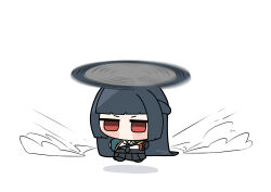  1girl absurdres animal_ears aqua_jacket black_hair black_necktie black_skirt chibi commentary_request flying fox_ears fox_girl full_body highres hoshimi_miyabi jacket long_hair necktie red_eyes shinonome_nashi shirt skirt solo white_background white_shirt zenless_zone_zero 