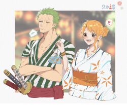  1boy 1girl 2018 bag bagged_fish blurry blurry_background blush bracelet brown_eyes closed_mouth collarbone commentary_request cropped_torso crossed_arms earrings fish goldfish green_hair hair_bun heart highres japanese_clothes jewelry katana kimono long_hair nami_(one_piece) obi one_eye_closed one_piece op_zn17 open_mouth orange_hair orange_sash pearl_earrings roronoa_zoro sash sheath sheathed short_hair single_sidelock spoken_heart striped_clothes striped_kimono summer summer_festival sword upper_body vertical-striped_clothes vertical-striped_kimono weapon white_kimono yukata 