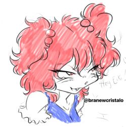  1girl blush branewcristalo commentary english_commentary gift_art hair_bobbles hair_ornament highres onozuka_komachi open_mouth portrait red_eyes red_hair second-party_source short_hair short_sleeves smile solo touhou twitter_username two_side_up white_background 