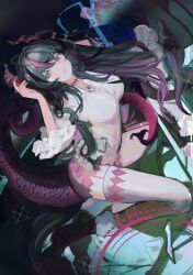  1girl all_fours alley arm_up body_markings choker collared_shirt dragon_girl dragon_horns dragon_tail english_commentary finger_claws frilled_sleeves frills full_body graffiti hair_ornament hairclip highres horns kyoukaraa leaning_forward light_blush long_sleeves looking_at_viewer looking_to_the_side multicolored_hair neverness_to_everness outdoors paint parted_lips purple_hair red_eyes red_shorts shade shinku_(nte) shirt short_shorts shorts solo streaked_hair tail thigh-highs two-tone_hair white_shirt white_thighhighs 