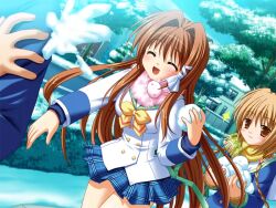  1boy 2girls back_bow blue_jacket blue_sailor_collar blue_shirt blue_skirt bow bowtie braid brown_eyes brown_hair buttons closed_eyes closed_mouth clover_point double-breasted dutch_angle fur_trim game_asset grass green_bow hair_intakes hair_ribbon hinata_miori holding holding_snowball house inamori_mahoshi jacket long_hair multiple_girls neck_fur non-web_source official_art open_mouth outdoors plaid_clothes plaid_skirt ribbon sailor_collar scarf school_uniform shirt skirt smile smirk snow snowball throwing tree turtleneck twin_braids white_jacket white_sailor_collar yellow_bow yellow_bowtie yellow_scarf yuyi 