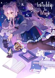  1girl animal_ears arknights black_dress black_pantyhose book bookmark cardigan ch'en_(arknights) character_doll closed_mouth commentary crossed_bangs doll dress english_commentary english_text frilled_dress frills glasses hair_intakes hairband head_rest highres hoshiguma_(arknights) lapels light_smile lin_(arknights) lin_(knowledge_and_magic)_(arknights) long_hair long_sleeves lying off_shoulder official_alternate_costume on_floor open_book pantyhose pink_hair print_dress purple_cardigan purple_hairband puyue red_pupils solo sparkle swire_(arknights) violet_eyes 
