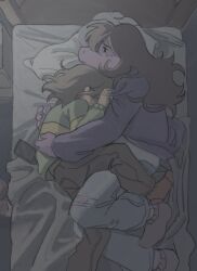  1girl 1other aslll_y bed brown_hair cellphone clothes_grab colored_skin commentary covering_face cuddling deltarune english_commentary freckles frown furry furry_female green_sweater hand_on_another's_arm head_on_pillow highres hover_hand hug interlocked_legs kris_(deltarune) lying on_bed on_side phone pillow purple_skin purple_socks red_socks reptile_girl smartphone socks striped_clothes striped_sweater susie_(deltarune) sweater utdr_(toby_fox) 