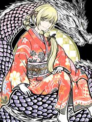  1girl blonde_hair breasts closed_mouth commentary_request dragon dress hair_ornament highres japanese_clothes kiss-shot_acerola-orion_heart-under-blade kizumonogatari long_hair looking_at_viewer monogatari_(series) oshino_shinobu pointy_ears red_dress side_ponytail simple_background sitting smile tsukihi_shida vampire wide_sleeves yellow_eyes 
