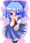  blush cirno dress embarrassed hayase_kento heart holding holding_gift ice ice_sculpture incoming_gift looking_at_viewer purple_eyes short_hair touhou valentine wings 