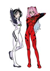  2girls alien_stage ayanami_rei ayanami_rei_(cosplay) black_hair blue_hair bodysuit commentary cosplay english_commentary long_hair mecha_pilot_suit mizi_(alien_stage) multicolored_hair multiple_girls neon_genesis_evangelion pink_hair plugsuit_(evangelion) red_bodysuit short_hair simple_background souryuu_asuka_langley souryuu_asuka_langley_(cosplay) sua_(alien_stage) teary_blues two-tone_hair very_long_hair violet_eyes white_background white_bodysuit yellow_eyes 