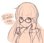  1girl glasses long_hair looking_at_viewer monochrome shuuichi simple_background sketch smile solo translation_request white_background 