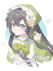  1girl absurdres black_hair blue_background blue_eyes border bow bowtie closed_mouth commission cropped_torso double-parted_bangs flower green_bow green_bowtie green_headscarf green_shirt hair_between_eyes hand_up headscarf highres huolala_neiku_chaofan long_hair long_sleeves mihuashi_commission original outside_border round_border shirt smile solo white_border white_flower 