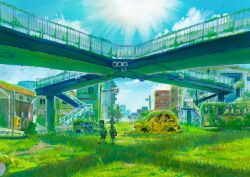  2girls abandoned abandoned_car artist_request blue_sky blurry bridge building day depth_of_field grass highres loca! multiple_girls official_art pedestrian_bridge scenery sky sunburst 