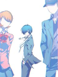  1girl 2boys baseball_cap black_jacket black_pants black_ribbon black_skirt blue_eyes blue_hair blue_shirt bow bowtie brown_hair cardigan choker closed_mouth collared_shirt commentary_request cowboy_shot digital_walkman earphones faceless faceless_female faceless_male flipped_hair from_side gekkoukan_high_school_uniform hair_over_one_eye hand_in_pocket hat highres iori_junpei jacket jewelry looking_at_viewer mp3_player multiple_boys neck_ribbon necklace nnwstnn open_clothes open_jacket pants persona persona_3 pink_cardigan red_bow red_bowtie ribbon school_uniform shirt short_hair skirt smile takeba_yukari white_background white_choker white_shirt wing_collar yuuki_makoto_(persona_3) 