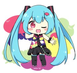  1girl :d ;d black_necktie black_skirt black_thighhighs blue_hair blush_stickers chibi chibi_only commentary_request full_body grey_shoes hatsune_miku long_hair looking_at_viewer multicolored_shirt necktie nukotun one_eye_closed open_mouth pink_eyes pleated_skirt scrunchie shirt shoes skirt sleeveless sleeveless_shirt smile solo song_name standing tell_your_world_(vocaloid) thigh-highs tie_clip twintails very_long_hair vocaloid wrist_scrunchie 