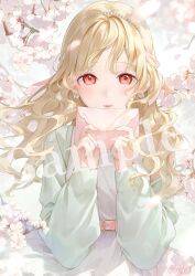  1girl absurdres belt blonde_hair blush butterfly_earrings cherry_blossoms commentary_request copyright_name copyright_notice dress earrings envelope green_jacket highres holding holding_envelope jacket jewelry kinako_(shiratama_mochi) kogara_toto lips long_hair looking_at_viewer official_art orange_eyes pearl_hairband petals pink_belt sample_watermark second-party_source solo virtual_youtuber vspo! watermark white_dress 
