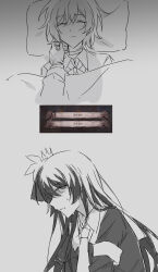  2girls armband capelet choker closed_eyes collared_coat collared_shirt commentary_request crown flower game_screenshot_inset gloves hair_flower hair_ornament highres long_hair long_sleeves mahou_shoujo_no_majo_saiban mini_crown monochrome multiple_girls necktie nikaido_hiro pillow sakuraba_ema screenshot_inset shirt short_hair simple_background sleeping touming_jun two_side_up under_covers 