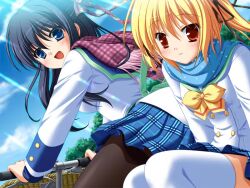  2girls back_bow basket bicycle black_hair black_pantyhose blonde_hair blue_eyes blue_sailor_collar blue_scarf blue_shirt blue_skirt bow bowtie brown_eyes buttons closed_mouth clover_point day double-breasted forest from_behind game_asset green_bow hair_bow hair_ornament hairclip half_updo holding_handlebar jacket kashiwagi_tsukine long_hair looking_at_viewer looking_back multiple_girls multiple_riders nature non-web_source official_art on_bicycle open_mouth outdoors pantyhose plaid_clothes plaid_skirt purple_scarf riding sailor_collar scarf school_uniform shirt short_hair short_twintails sitting skirt sky takanashi_yaya thigh-highs twintails white_jacket white_thighhighs yellow_bow yellow_bowtie yokozuwari yuyi 