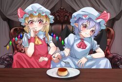  2girls ascot bat_wings blonde_hair blue_hair chileshi chinese_commentary closed_mouth collared_shirt commentary_request couch crystal crystal_wings curtains flandre_scarlet food frilled_shirt_collar frilled_wrist_cuffs frills frown hat hat_ribbon highres holding holding_spoon looking_at_viewer mob_cap multicolored_wings multiple_girls on_couch one_side_up plate pointy_ears pudding red_ascot red_eyes red_skirt red_vest red_wrist_cuffs remilia_scarlet ribbon shirt siblings sisters sitting skirt skirt_set spoon touhou vest white_hat white_shirt white_skirt white_wrist_cuffs wings wrist_cuffs yellow_ascot 