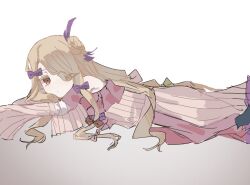  1girl blonde_hair bow closed_mouth commentary_request dress full_body hair_bow hair_bun long_hair long_sleeves looking_at_viewer lying magical_girl mahou_shoujo_ikusei_keikaku mahou_shoujo_ikusei_keikaku_restart on_side pfle pink_bow purple_bow simple_background single_hair_bun single_side_bun soleidekmo solo white_background 