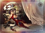  barefoot black_hair blazblue blazer breasts cleavage futuretime lao_jiu litchi_faye_ling long_hair lying open_clothes open_shirt shirt yin_yang 