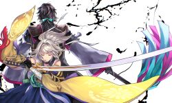 1boy 1girl akane_(another_eden) another_eden aqua_ribbon armor back-to-back bandaged_wrist bandages black_gloves black_hair brown_eyes commentary_request detached_sleeves e_haruno fighting_stance gloves grey_hair hair_ribbon half-closed_eyes highres holding holding_sword holding_weapon japanese_armor japanese_clothes long_hair parted_lips ponytail ribbon samurai shion_(another_eden) shoulder_armor sword upper_body weapon white_background white_ribbon wide_sleeves yellow_sleeves 