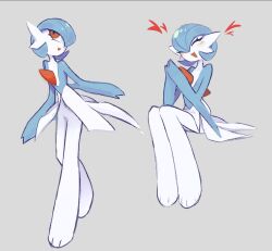  1other alternate_color blue_hair blue_skin blush bob_cut closed_eyes colored_skin commentary gardevoir grey_background highres multicolored_skin necr0ism open_mouth pokemon pokemon_(creature) shiny_pokemon simple_background smile two-tone_skin white_skin 