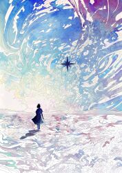  1girl absurdres black_hair blue_sky clouds cloudy_sky commentary dress facing_away fantasy from_behind hato_(n_hat_mu) highres ocean original outdoors scenery short_hair short_sleeves skirt sky solo standing water waves wide_shot 