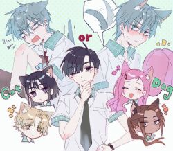 3boys 3girls alien_stage animal_ears black_eyes black_hair black_necktie brown_hair cat_boy cat_ears cat_girl closed_eyes collared_shirt commentary contrast_collar dark-skinned_female dark_skin dog_boy dog_ears dog_girl dog_tail fang green_eyes grey_eyes grey_hair hair_ornament hairclip hand_on_own_chin highres hyuna_(alien_stage) ivan_(alien_stage) luka_(alien_stage) mizi_(alien_stage) multiple_boys multiple_girls necktie one_eye_closed pink_hair sakizome school_uniform shirt short_hair short_sleeves stiff_tail sua_(alien_stage) tail tail_wagging till_(alien_stage) untranslatable_commentary very_short_hair violet_eyes white_shirt yellow_eyes 