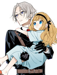  1boy 1girl belt belt_buckle black_gloves black_hairband blue_eyes brown_belt brown_hair buckle carrying carrying_person character_request child closed_mouth collared_shirt copyright_notice copyright_request dress glasses gloves grey_hair hagiwara_daisuke hairband highres layered_sleeves long_hair long_sleeves necktie red_necktie shirt short_hair simple_background slippers upper_body white_background 