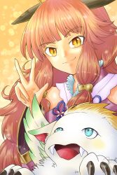  1girl :d blue_eyes careena_(visions_of_mana) commentary_request highres horns kuma_kurena long_hair orange_eyes ramcoh_(visions_of_mana) red_hair seiken_densetsu slit_pupils smile upper_body v very_long_hair visions_of_mana 