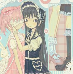  2girls absurdres akemi_homura animal_bag backpack bag bandages bandages_over_eyes black_bonnet black_dress black_eyes black_hair black_socks blush bonnet bow chinstrap closed_mouth dress frilled_bonnet frilled_dress frills gloves hairband hands_on_another's_cheeks hands_on_another's_face hands_on_another's_head height_difference highres kaname_madoka lolita_fashion lolita_hairband long_hair looking_at_viewer mahou_shoujo_madoka_magica morinokunika multiple_girls pink_bow pink_dress pink_hair pink_shoes puffy_short_sleeves puffy_sleeves rabbit_bag shoes short_hair short_sleeves short_twintails skirt smile socks standing_on_another's_feet twintails white_gloves white_socks yuri 