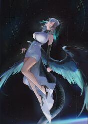  1girl absurdres arknights black_shoes black_sleeves black_wings breasts commentary dress english_commentary full_body green_eyes grey_hair head_wings highres ho'olheyak_(arknights) large_breasts medium_hair shoes snake_tail solo tail uof white_dress wings 