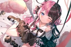  1girl ;) black_bow black_flower black_hair black_ribbon black_shoes black_skirt blue_eyes blurry blush bow breasts brown_nails collared_shirt depth_of_field dot_nose finger_heart fingernails flower hair_bow heart multicolored_hair nail_polish official_art one_eye_closed pink_bow pink_hair ribbon satoupote shirt shoes skirt smile socks solo split-color_hair suspender_skirt suspenders tachibana_hinano tachibana_hinano_(1st_costume) two-tone_hair vspo! white_shirt white_socks 