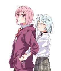  2girls amaori_renako aqua_hair ashigaya_high_school_uniform blush closed_eyes commentary hair_ornament hairclip hands_in_another's_pockets highres holding_another's_wrist koyanagi_kaho medium_hair multiple_girls parallel_hairclips pink_hair school_uniform tongue tongue_out untranslatable_commentary violet_eyes wakahima watashi_ga_koibito_ni_nareru_wake_naijan_murimuri! white_background x_hair_ornament 