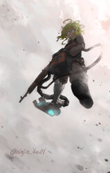  1girl absurdres assault_rifle bag blonde_hair blue_eyes commentary_request expressionless flying from_below full_body gun highres holding holding_gun holding_weapon magic military_uniform ninjin_ika rifle short_hair solo tanya_degurechaff weapon youjo_senki 