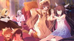  4girls absurdres arlecchino_(genshin_impact) arlecchino_(the_final_gift)_(genshin_impact) black_eyes black_hair black_hands blonde_hair bodysuit breasts brown_hair character_doll closed_eyes colored_extremities colored_inner_hair columbina_(genshin_impact) columbina_(the_final_gift)_(genshin_impact) commentary_request cup doll dress eye_mask eyepatch genshin_impact hat head_wings highres holding holding_cup holding_pillow kk0220 long_hair long_sleeves mask multicolored_hair multiple_girls open_mouth pajamas pillow pink_hair sandrone_(genshin_impact) sandrone_(the_final_gift)_(genshin_impact) shirt signora_(genshin_impact) signora_(the_final_gift)_(genshin_impact) streaked_hair symbol-shaped_pupils white_bodysuit white_dress white_hair white_hat white_mask white_pajamas white_shirt wings x-shaped_pupils 