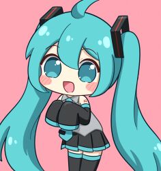  1girl :d ahoge blue_eyes blue_hair blue_necktie blush_stickers chibi chibi_only commentary_request cowboy_shot detached_sleeves double-parted_bangs hair_between_eyes hatsune_miku highres long_hair long_sleeves necktie nukotun open_mouth pink_background simple_background sleeves_past_fingers sleeves_past_wrists smile solo tie_clip twintails very_long_hair vocaloid 