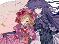  2girls :d black_dress blonde_hair blue_hair bow dress fang frederica_bernkastel hair_bow highres jewelry jibun_dake_ga_shinjirarenai lambdadelta light_smile multiple_girls necklace one_eye_closed pearl_necklace pink_dress purple_bow purple_hair red_bow red_eyes side_part skin_fang smile umineko_no_naku_koro_ni violet_eyes 