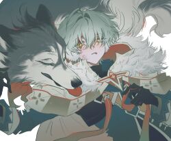  1boy alyosha_(genshin_impact) animal animal_ears animal_nose black_fur black_gloves black_sweater blood blood_on_face blue_jacket brown_cape cape commentary dog dog_ears dog_tail earmuffs empty_eyes eyelashes freckles fur-trimmed_cape fur_trim genshin_impact gloves green_hair hair_between_eyes half-closed_eyes hands_up highres hood hooded_cape husky injury jacket long_sleeves looking_at_animal lying male_focus on_back pet scent_eo short_hair simple_background sweater tail teeth tongue tongue_out turtleneck turtleneck_sweater two-tone_fur upper_body white_background white_fur wide_sleeves yellow_eyes 